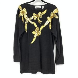 Trimmings Sweater Dress Women’s M Black Gold Sequin Bow Beaded VTG Knit Long Top